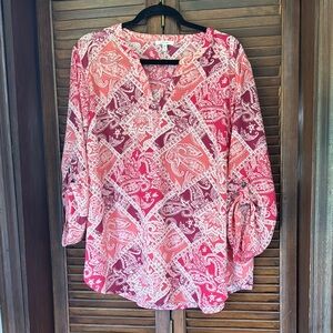 Maurices Pink and Red Graphic Blouse with 3/4 Sleeves